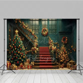 Aperturee - Aperturee Elegant Christmas Grand Staircase Photography Backdrop Red and Gold Garland Holiday Ballroom Photo Background